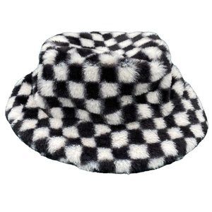 Urban Outfitters Y2K Checkerboard Faux Fur Bucket Hat Grunge Streetwear Celeb